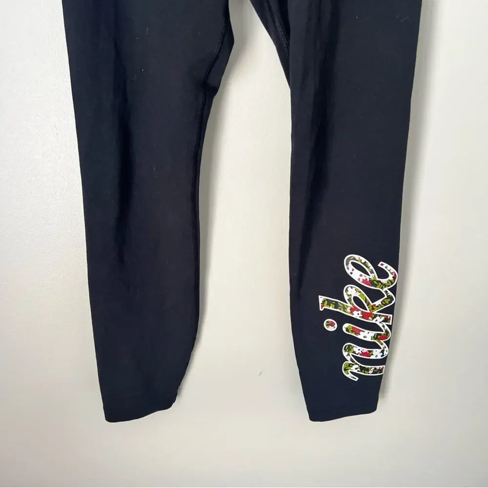 Nike Women’s Black Pull On Floral Side Logo Leggings Size Small